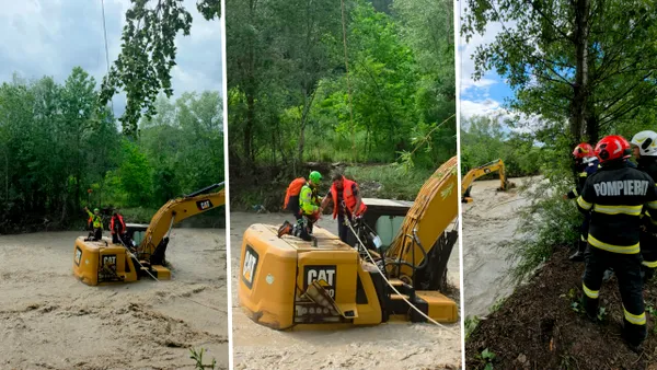 Intervenție dificilă în Dâmbovița. Bărbat surprins de viitură, pe excavator. A intervenit elicopterul MAI
