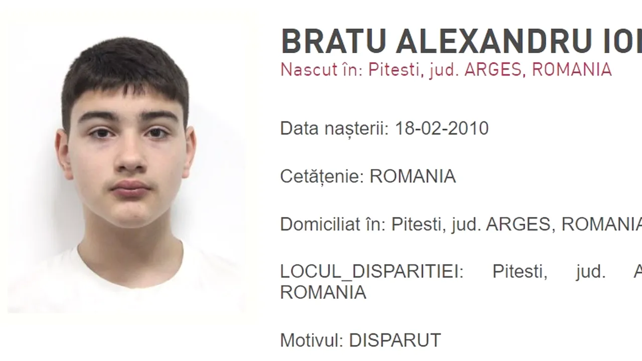 Alexandru Ionuț Bratu are 14 ani și a dispărut de acasă, din Pitești. APELUL autorităților: dacă îl vedeți sunați la 112!