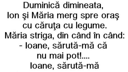 BANC | Duminică dimineața, Ion și Maria merg spre oraș cu căruța: „Ioane, sărută-mă, că nu mai pot!”