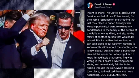 Primul mesaj al lui DONALD TRUMP, după ce a fost împușcat: Am simțit cum GLONȚUL îmi se sfâșie pielea / Momentul care i-ar putea aduce VICTORIA