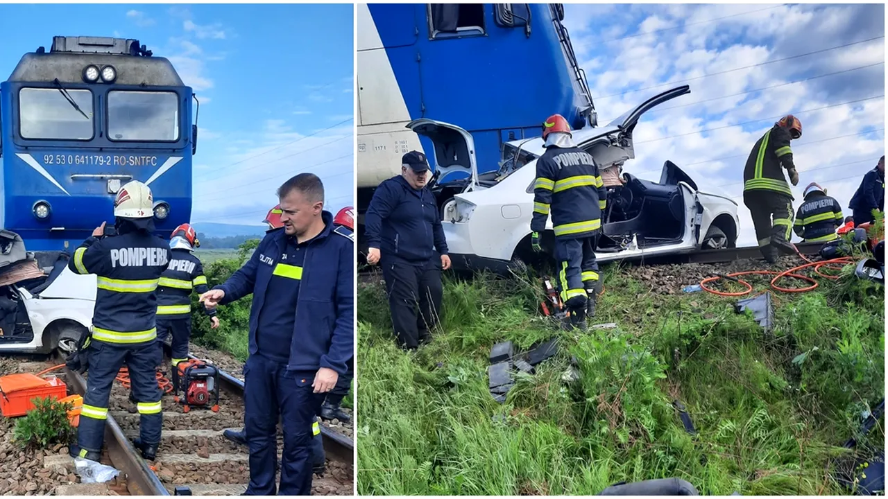Accident teribil pe calea ferată. Mașină spulberată de TREN în Făgăraș!