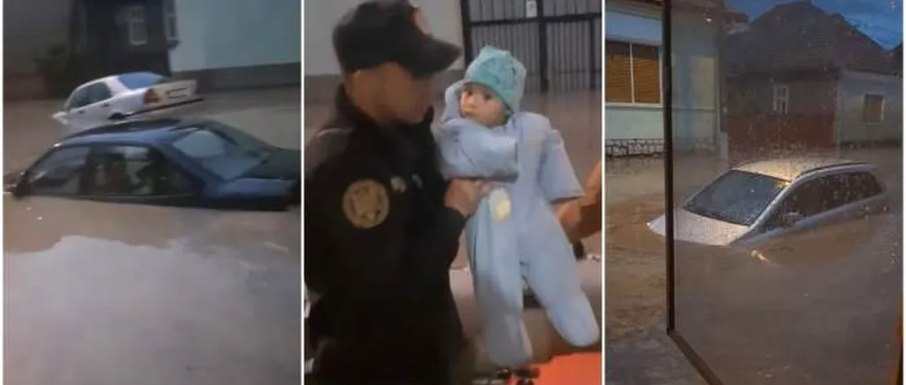 IMAGINI EMOȚIONANTE. Un bebeluș de doar 9 luni a fost evacuat pe geam la Aiud după ce apele au invadat strada! - VIDEO
