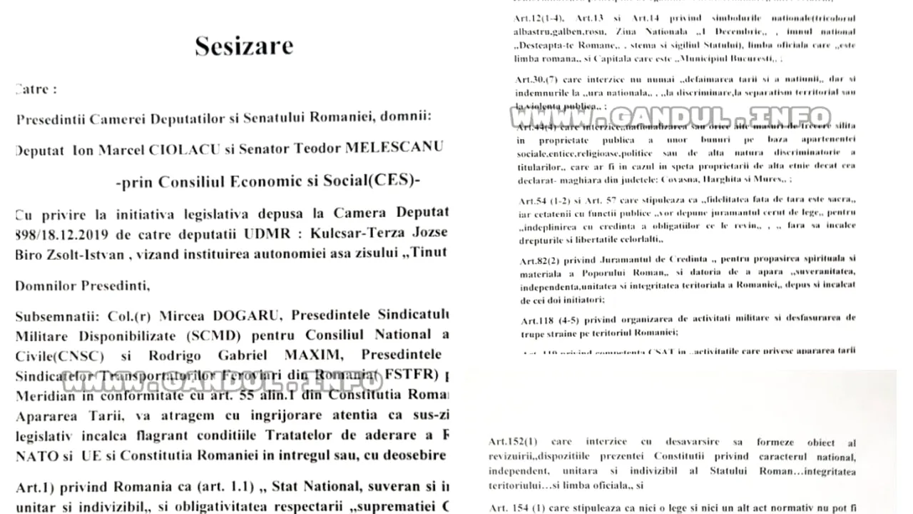 Două organizații sindicale cer blocarea inițiativei privind statutul de autonomie a Ținutului Secuiesc. SCMD și FSTFR: „Încalcă flagrant condițiile Tratatelor de aderare a României la NATO și UE și Constituția României!