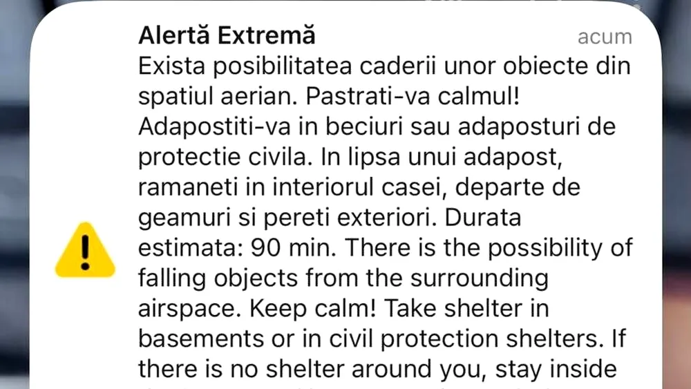 Nou mesaj RO-Alert în nordul județului Tulcea. Populația, avertizată cu privire la posibila cădere a unor obiecte din spațiul aerian
