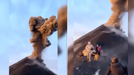 Imagini incredibile surprinse în timpul unei erupții vulcanice. Bucăți de rocă încinsă au lovit un grup de turiști. Au luat-o imediat la fugă