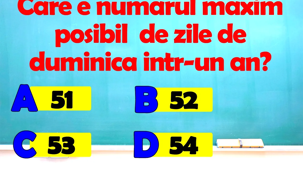 Test IQ | Care e numărul maxim posibil de zile de duminică într-un an: 51, 52, 53 sau 54?