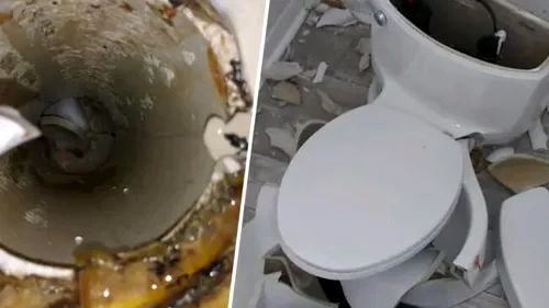 Caz unic pentru o echipă de instalatori. Toaleta unei familii a explodat după ce fosa septică din curte a fost lovită de un fulger