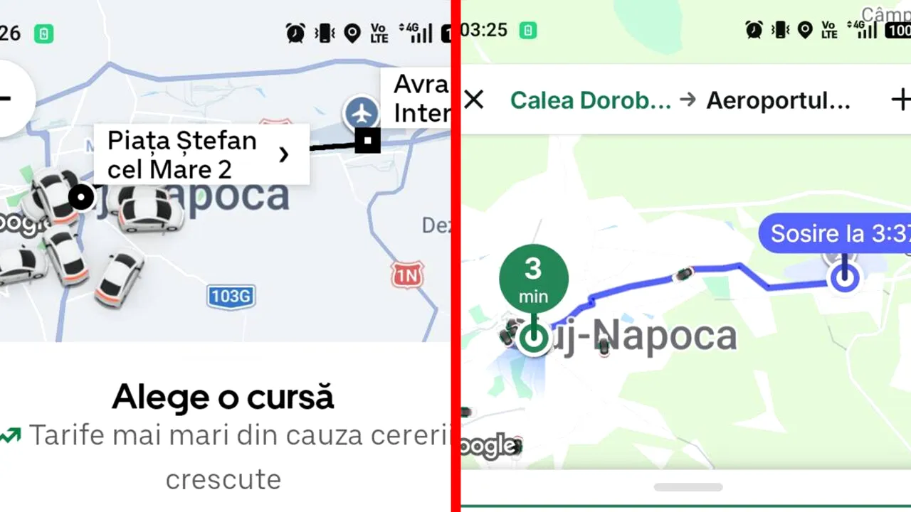 Care e mai scump: Bolt sau Uber? Diferență mare de preț, pentru aceeași cursă de 8 km în Cluj