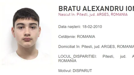 Alexandru Ionuț Bratu are 14 ani și a dispărut de acasă, din Pitești. APELUL autorităților: dacă îl vedeți sunați la 112!