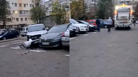 FOTO-VIDEO. O mașină de gunoi a făcut ravagii într-o parcare din Dâmbovița. Șoferița a transformat autoturismele parcate în popice. A lovit șapte mașini
