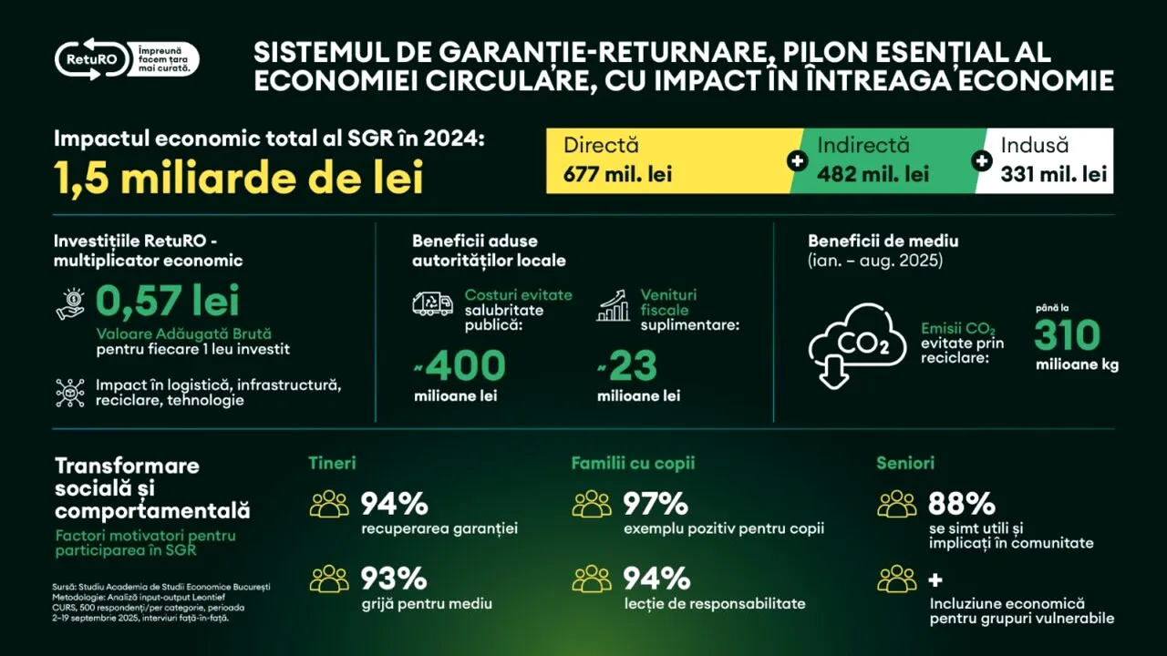 Studiu socio-economic ASE: Impactul SGR în economia României a atins 1,49 miliarde de lei prin contribuții directe, indirecte și induse, în 2024