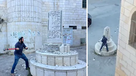 Scandal în Cisiordania: un parlamentar israelian de extremă dreapta, filmat în timp ce distruge cu barosul un monument palestinian, escortat de soldați israelieni