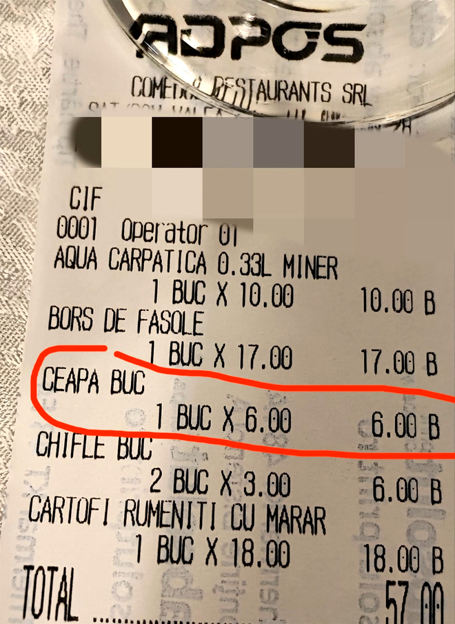Câți lei a dat un client, pentru o simplă ceapă, într-un restaurant din Iași: 