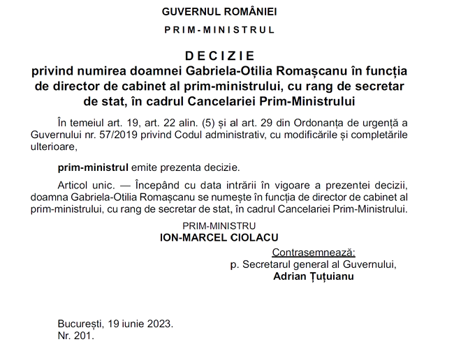 Gabriela-Otilia Romașcanu a fost numită șefă de cabinet a premierului Ciolacu