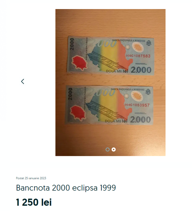 Suma mare de bani cu care se vinde, în 2023, o bancnotă de 2.000 de lei, cu Eclipsa din 1999 / Sursa foto: OLX