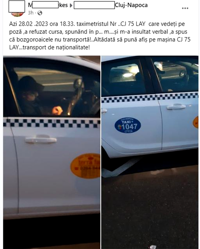 Acest taximetrist din Cluj a REFUZAT o clientă pentru că e unguroaică. Cele trei cuvinte josnice folosite la adresa ei / Sursa foto: Facebook