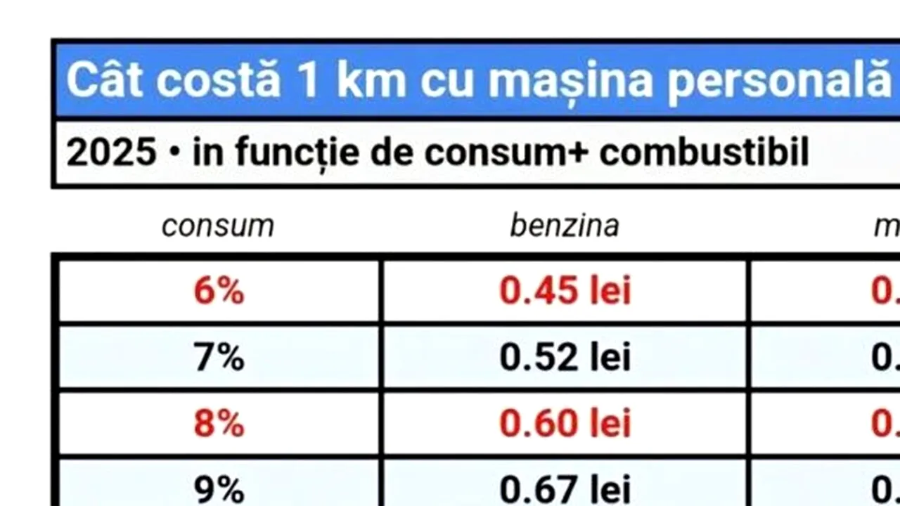 Tabel pentru benzină și motorină | Cât costă 1 km cu mașina în 2025, în România, în funcție de CONSUM