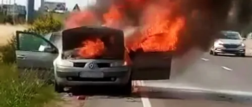 GALERIE FOTO: Un autoturism s-a făcut scrum pe DN1. Mașina a ars că o torță