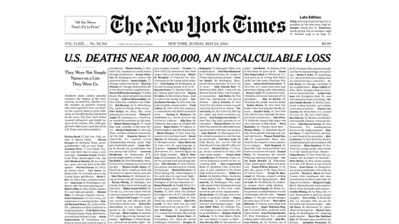 SUA. The New York Times comemorează victimele COVID-19, în contextul în care SUA va înregistra 100.000 de decese