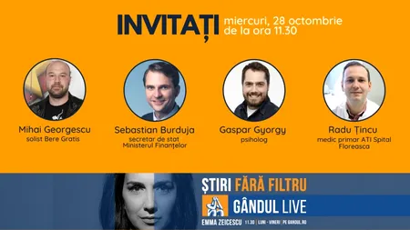 Sebastian Burduja, secretar de stat în cadrul Ministerului Finanțelor Publice, printre invitații Emmei Zeicescu la ediția Gândul LIVE de miercuri, 28 octombrie, de la 11.30
