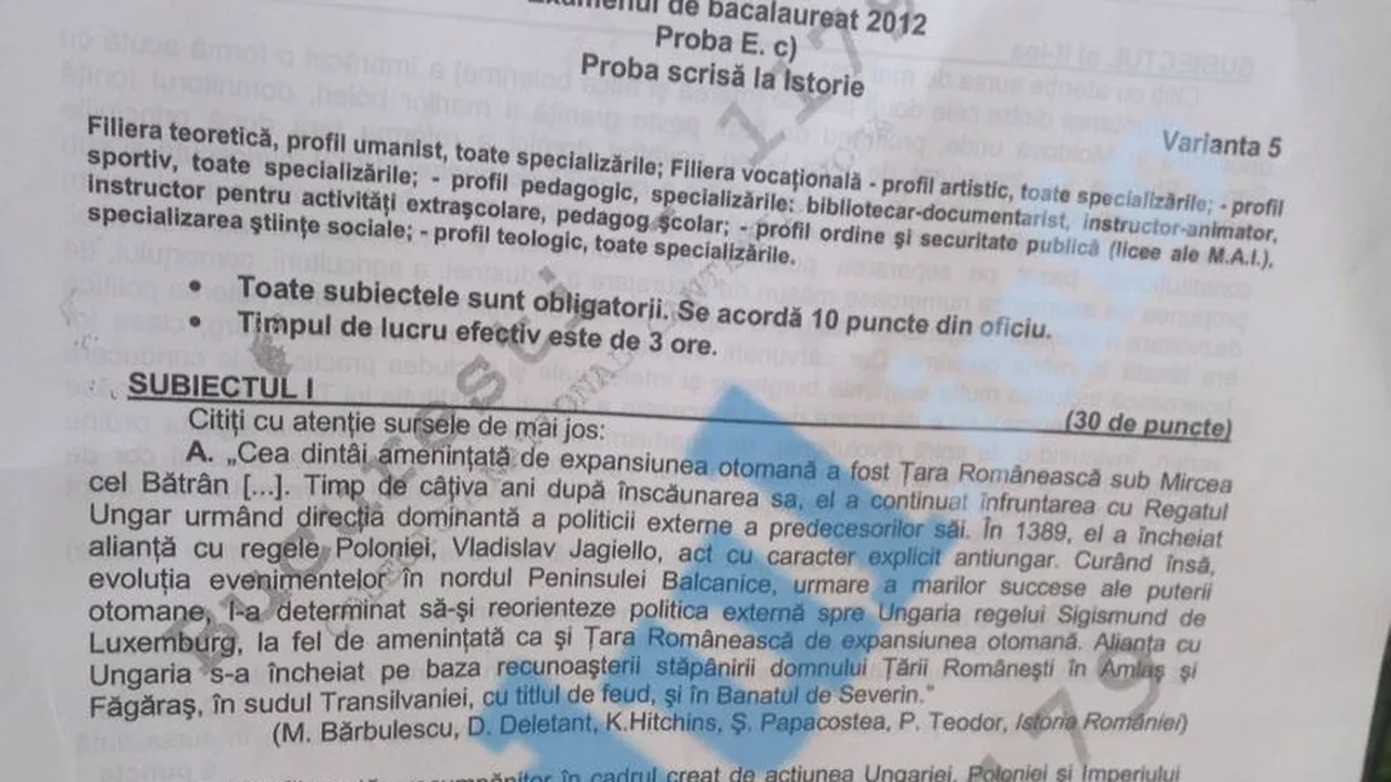 BAC 2012 SESIUNEA A DOUA - ISTORIE. SUBIECTELE la ISTORIE de la BAC 2012, prima sesiune