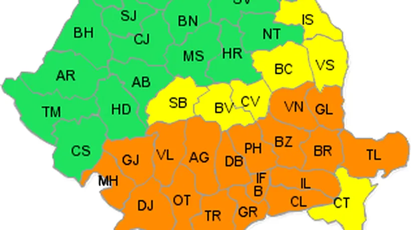 VREMEA. Codul portocaliu extins la 18 județe din sud și sud-est - HARTA ANM