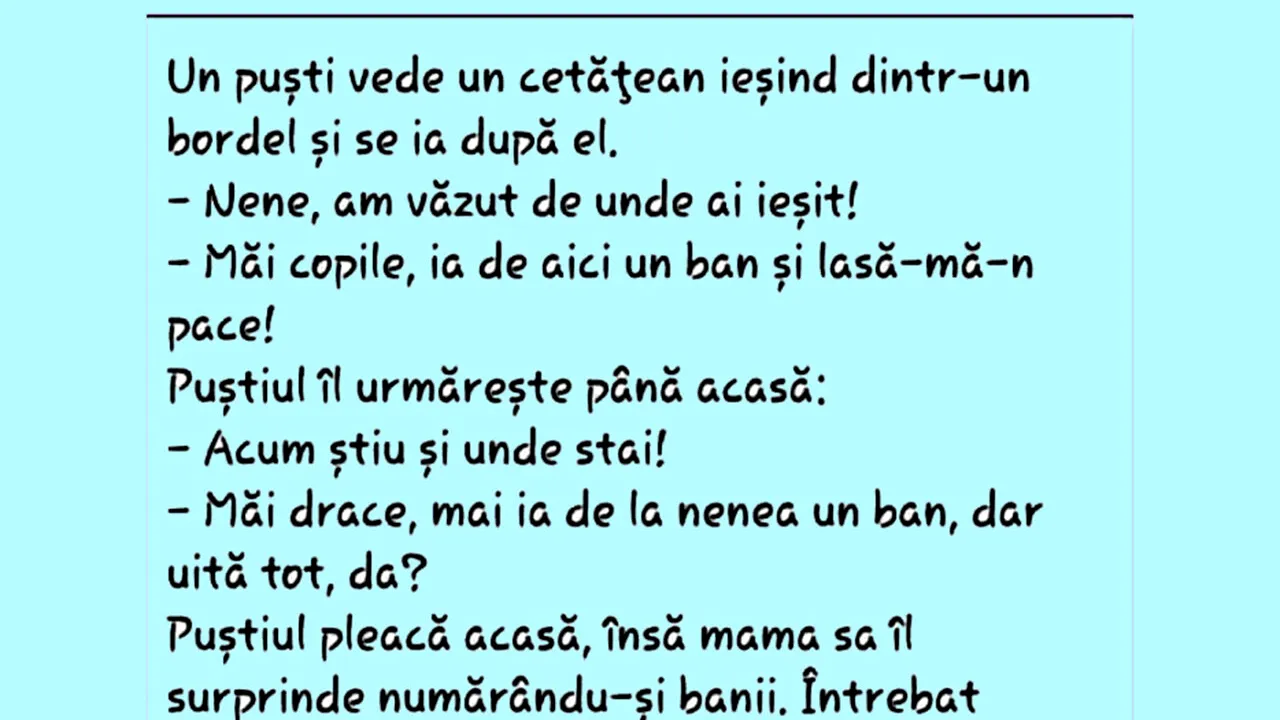 Bancul de joi | Un puști vede un bărbat ieșind dintr-un bordel și se ia după el