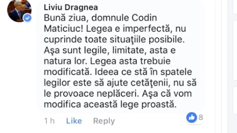 După ce a primit un mesaj pe Facebook de la „Poponeț, Liviu Dragnea a anunțat modificarea unei „legi proaste