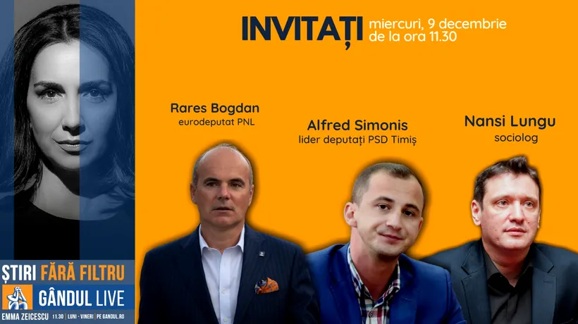 GÂNDUL LIVE. Europarlamentarul Rareș Bogdan, prim-vicepreședinte PNL, printre invitații Emmei Zeicescu la ediția de miercuri, 9 decembrie 2020, de la ora 11.30