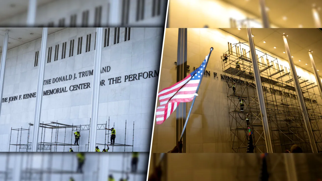 Imagini cu momentul când numele lui Donald Trump a fost îndepărtat de pe clădirea Kennedy Center, chiar înainte de ziua de naștere a președintelui