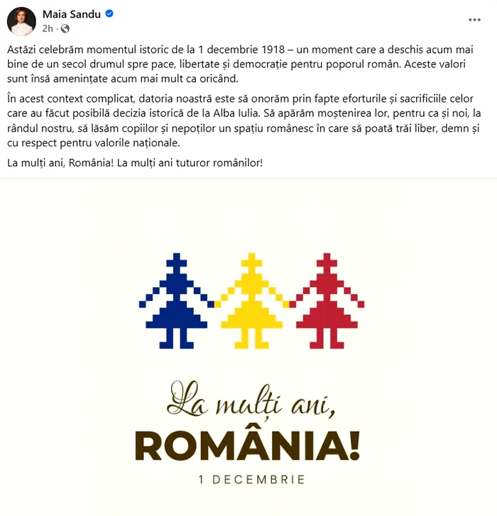 Maia Sandu, mesaj pentru români, de 1 Decembrie Foto: Facebook