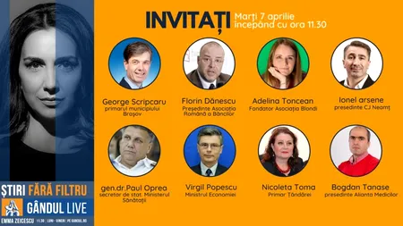 GÂNDUL LIVE. Cine sunt invitații Emmei Zeicescu, marți 7 aprilie, de la ora 11.30. George Scripcaru, primarul Brașovului, și Florin Dănescu, șeful ARB, pe listă