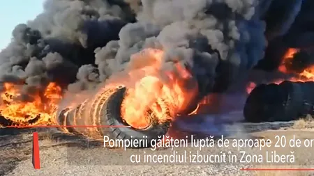 POMPIERII se luptă de aproape 20 de ore cu INCENDIUL izbucnit la un depozit de cauciucuri din Galați