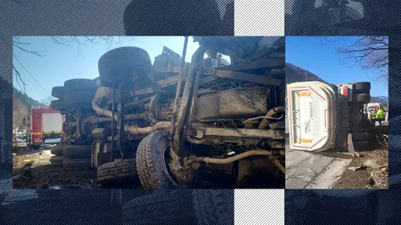 Un camion răsturnat în Argeș BLOCHEAZĂ DN 73 între Pitești și Brașov. Doi bărbați au rămas blocați în cabină