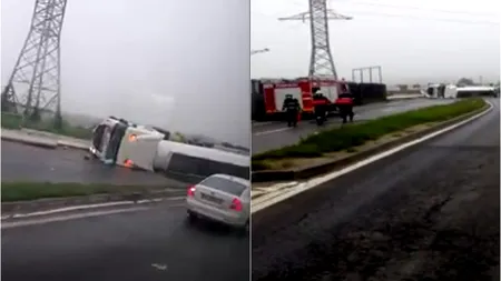 ACCIDENT. O cisternă cu benzină s-a răsturnat pe DN 7, în județul Argeș | VIDEO
