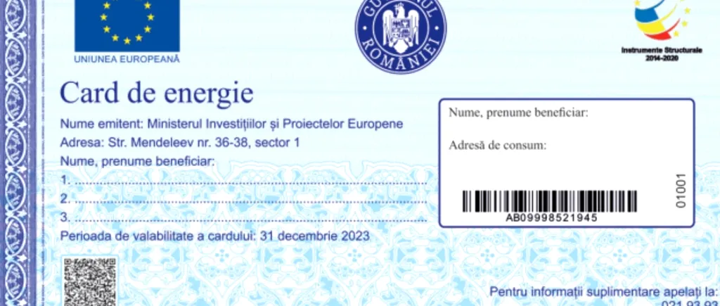 Ministerul Investițiilor și Proiectelor Europene a publicat certificatul de validare a datoriilor, pe care îl vor primi beneficiarii ajutorului pentru facturi. Cum arată cardul de energie