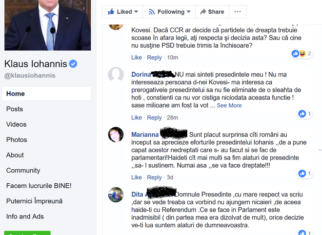 Captură comentarii facebook critici Klaus Iohannis