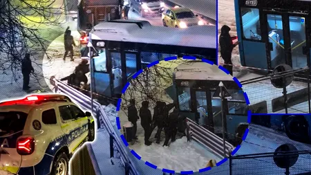 Imagini cu un autobuz STB ajuns într-un gard din cauza zăpezii. Câţiva oameni încearcă să-l împingă cu mâinile