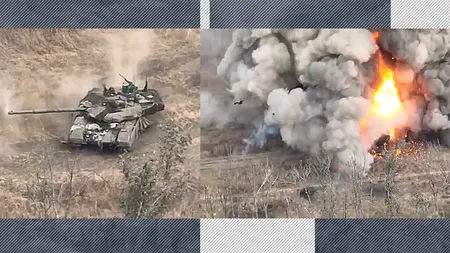 VIDEO | O explozie neobișnuit de violentă. Un tanc T-90M, mândria lui Putin, SPULBERAT de un „OZN” în Ucraina