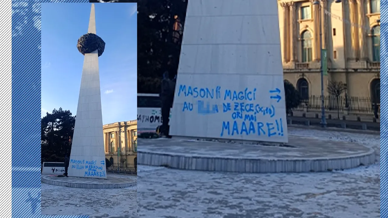 Celebrul monument „Măslină-n scobitoare” de pe Calea Victoriei a fost VANDALIZAT. Ce mesaj a scris „artistul stradal” / Poliția l-a identificat