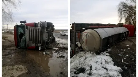 Un șofer bulgar s-a răsturnat cu TIR-ul încărcat cu acid clorhidric, într-o parcare din Vrancea. Ce manevră încerca să facă bărbatul