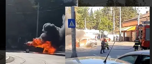 VIDEO | Bubuituri în centrul Capitalei, după ce o mașină a ars ca o torță, în apropiere de Piața Victoriei