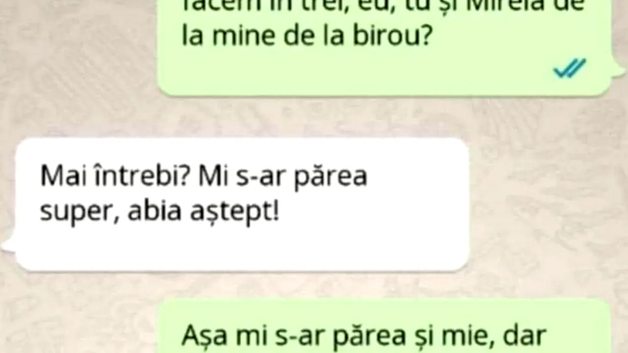 Bancul de sâmbătă | „Iubitule, cum ți s-ar părea să o facem în trei: eu, tu și colega mea, Mirela?”
