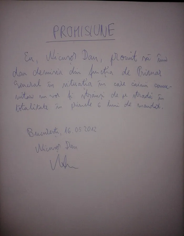 Nicușor Dan a semnat, în 2012, un angajament că demisionează din funcția de primar general dacă în primele 6 luni de mandat nu sunt strânși „în totalitate” câinii de pe străzi