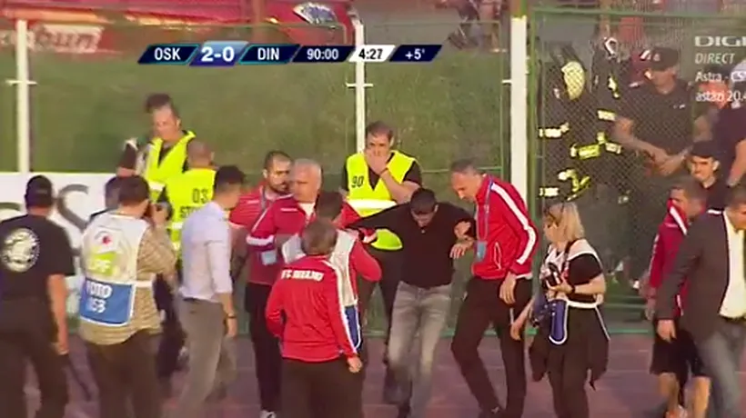 Violențe la Sfântu Gheorghe: Un fan al lui Dinamo a intrat pe teren și a luat un steag al Ungariei de la un fan Sepsi. Jandarmii au intervenit în forță. Dănciulescu, lovit și afectat de gaze. FOTO