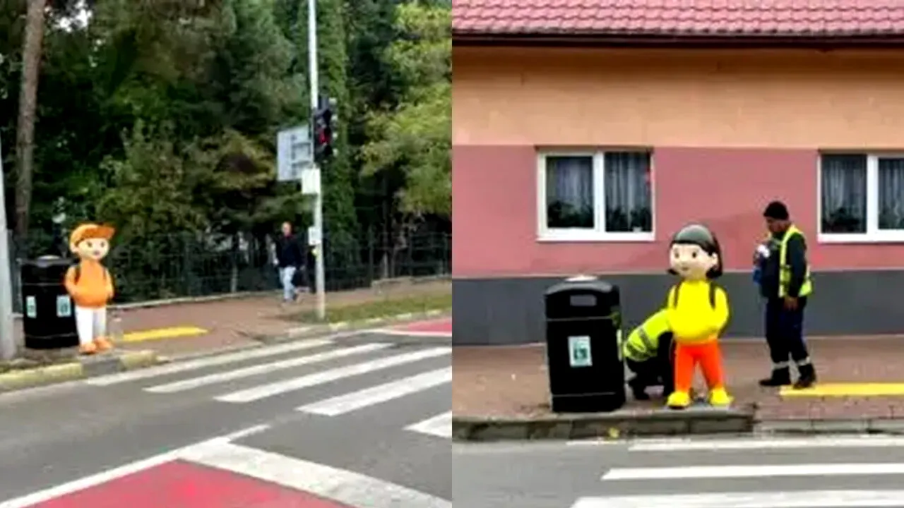 Două manechine care imită copii, amplasate lângă trecerile de pietoni din Suceava. Cum ar proteja elevii care ies de la școală