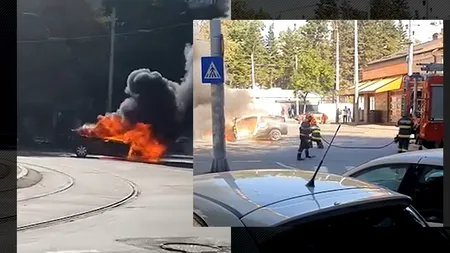 VIDEO | Bubuituri în centrul Capitalei, după ce o mașină a ars ca o torță, în apropiere de Piața Victoriei