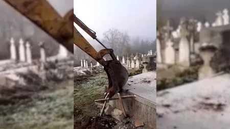 Imagini șocante! Un preot a dărâmat cu excavatorul un cavou: „Părinte, lasă-l, părinteeee, că nu mai am bani să-l fac!” - VIDEO