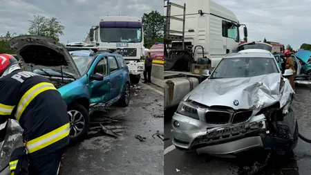 Accident rutier GRAV pe DN1, după ce șase autoturisme și un autocamion s-au ciocnit. Două persoane, transportate de urgență la spital