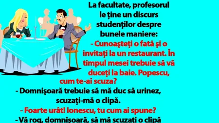 BANC | Bulă și bunele maniere la restaurant: „Domnişoară, scuzaţi-mă o clipă, trebuie să...”